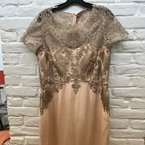 Marchesa Notte Embroidered Nude and Gold Silk-Crepe Mini Dress Size 14